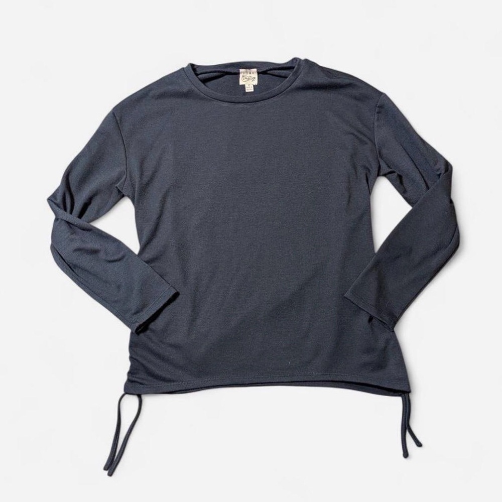 COMO VINTAGE Navy Blue Side Cinch Ruched Long Sleeve Top Medium - Picture 4 of 7